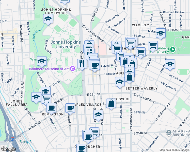 map of restaurants, bars, coffee shops, grocery stores, and more near 3043 Saint Paul Street in Baltimore