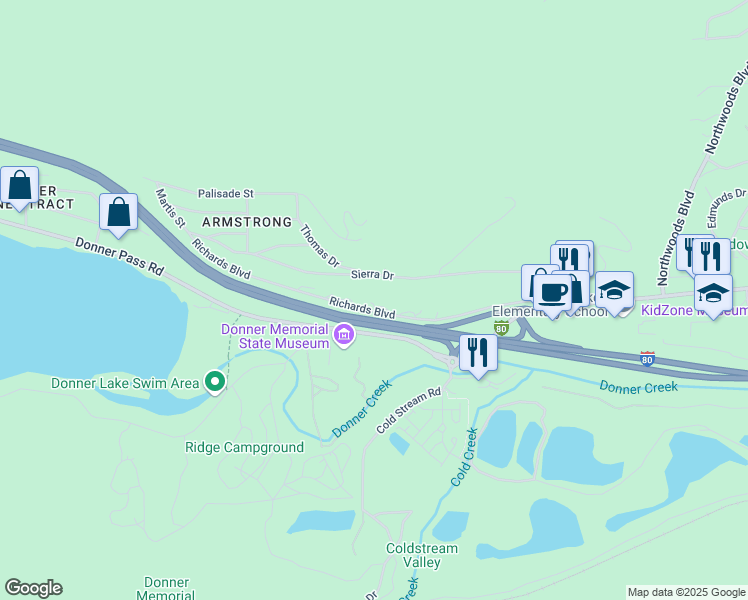 map of restaurants, bars, coffee shops, grocery stores, and more near 12510 Richards Boulevard in Truckee