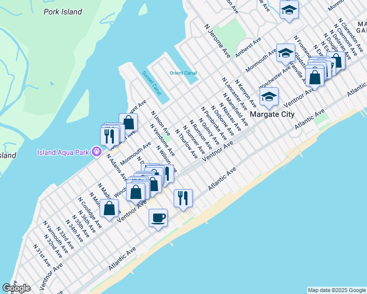 map of restaurants, bars, coffee shops, grocery stores, and more near 12 North Thurlow Avenue in Margate City