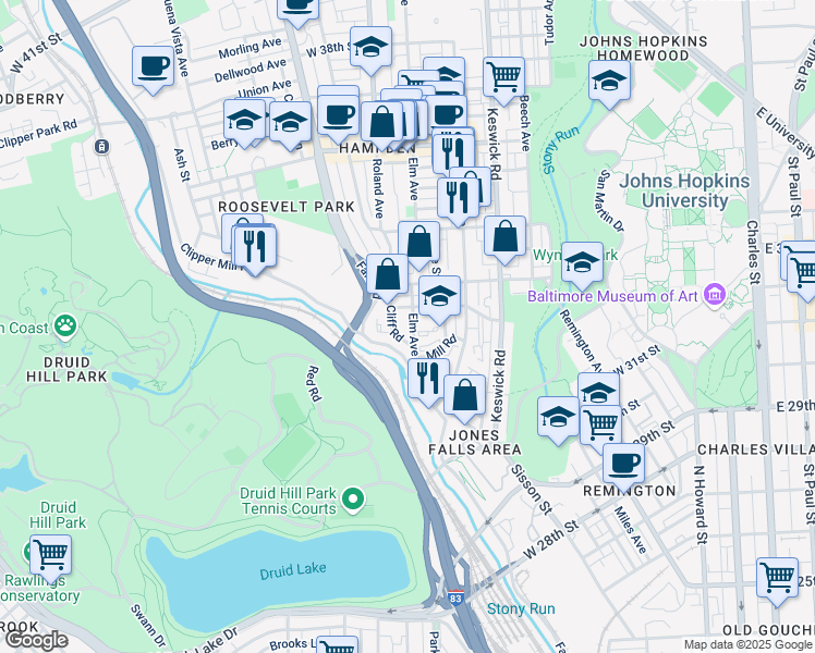 map of restaurants, bars, coffee shops, grocery stores, and more near 3101 Fallscliff Road in Baltimore