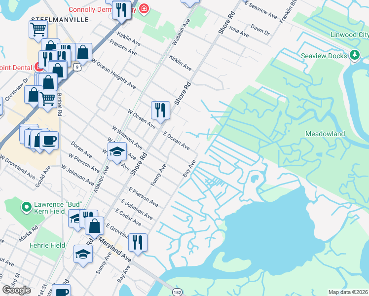 map of restaurants, bars, coffee shops, grocery stores, and more near 130 East Ocean Avenue in Somers Point