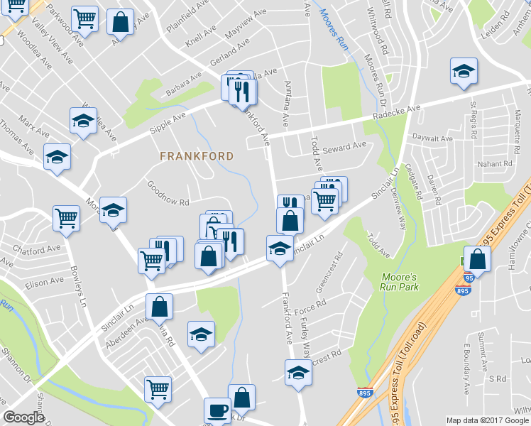 map of restaurants, bars, coffee shops, grocery stores, and more near 5201 Frankford Avenue in Baltimore