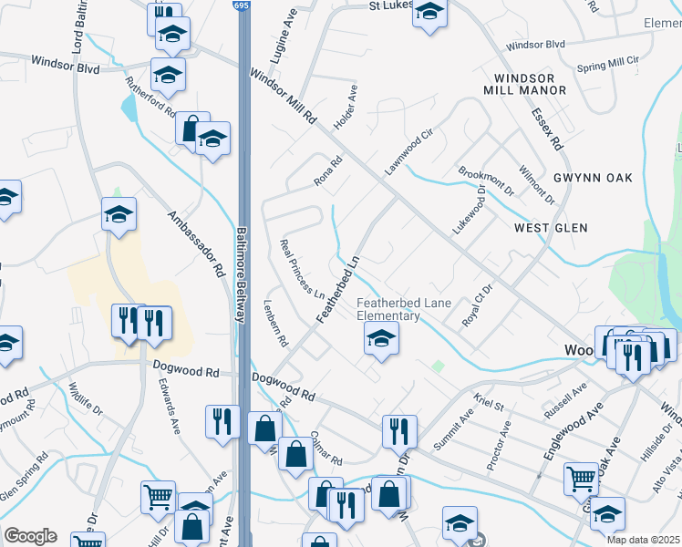 map of restaurants, bars, coffee shops, grocery stores, and more near 1960 Featherbed Lane in Baltimore