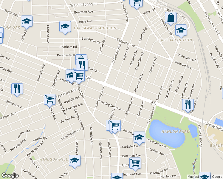 map of restaurants, bars, coffee shops, grocery stores, and more near 3629 Liberty Heights Avenue in Baltimore