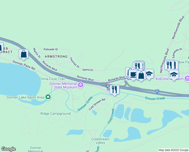 map of restaurants, bars, coffee shops, grocery stores, and more near 12442 Richards Boulevard in Truckee