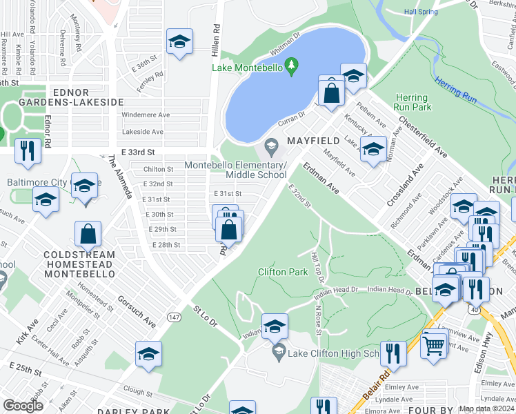 map of restaurants, bars, coffee shops, grocery stores, and more near 3020 Harford Road in Baltimore