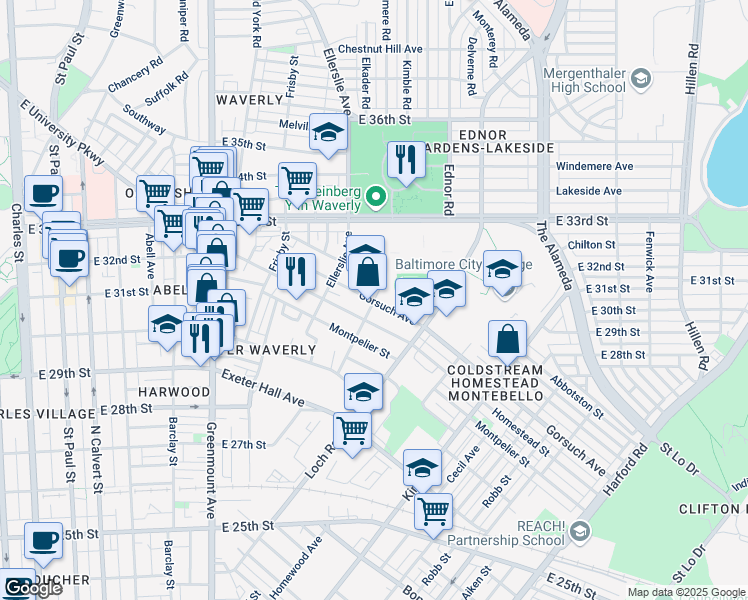 map of restaurants, bars, coffee shops, grocery stores, and more near Gorsuch Ave & Independence St in Baltimore