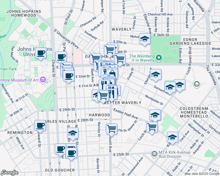 map of restaurants, bars, coffee shops, grocery stores, and more near 3038 Greenmount Avenue in Baltimore