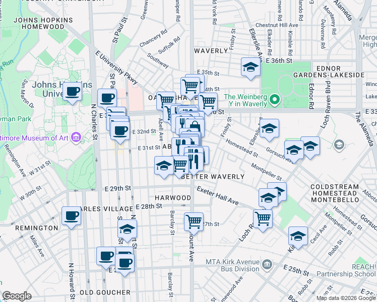 map of restaurants, bars, coffee shops, grocery stores, and more near 3038 Greenmount Avenue in Baltimore