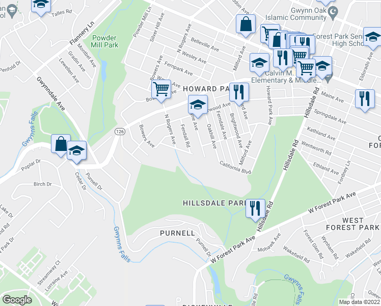 map of restaurants, bars, coffee shops, grocery stores, and more near Fendall Road in Baltimore