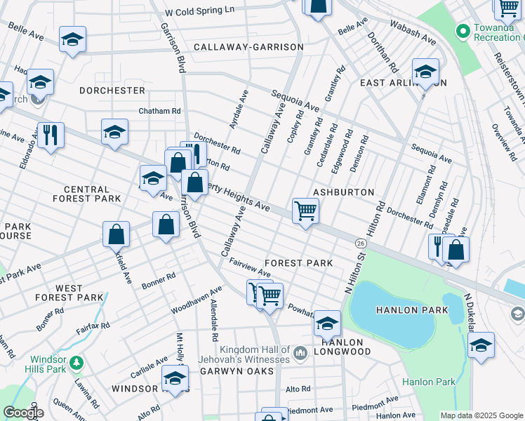 map of restaurants, bars, coffee shops, grocery stores, and more near 3629 Liberty Heights Avenue in Baltimore