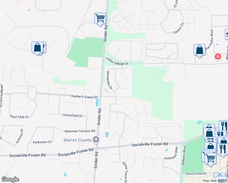 map of restaurants, bars, coffee shops, grocery stores, and more near 7828 Alexandra Drive in Mason