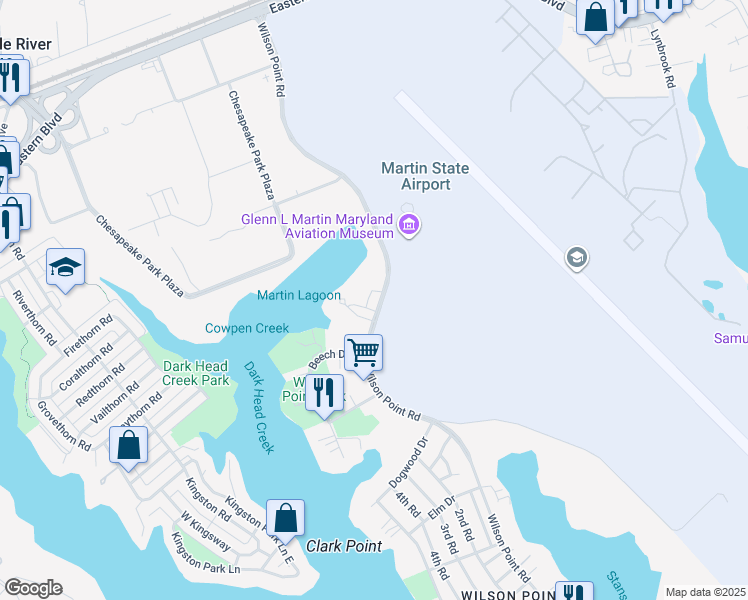 map of restaurants, bars, coffee shops, grocery stores, and more near 812 Wilson Point Road in Middle River