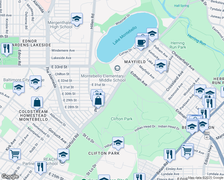 map of restaurants, bars, coffee shops, grocery stores, and more near 3020 Harford Road in Baltimore
