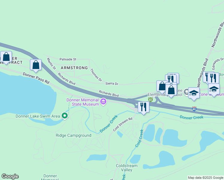 map of restaurants, bars, coffee shops, grocery stores, and more near 12510 Richards Boulevard in Truckee