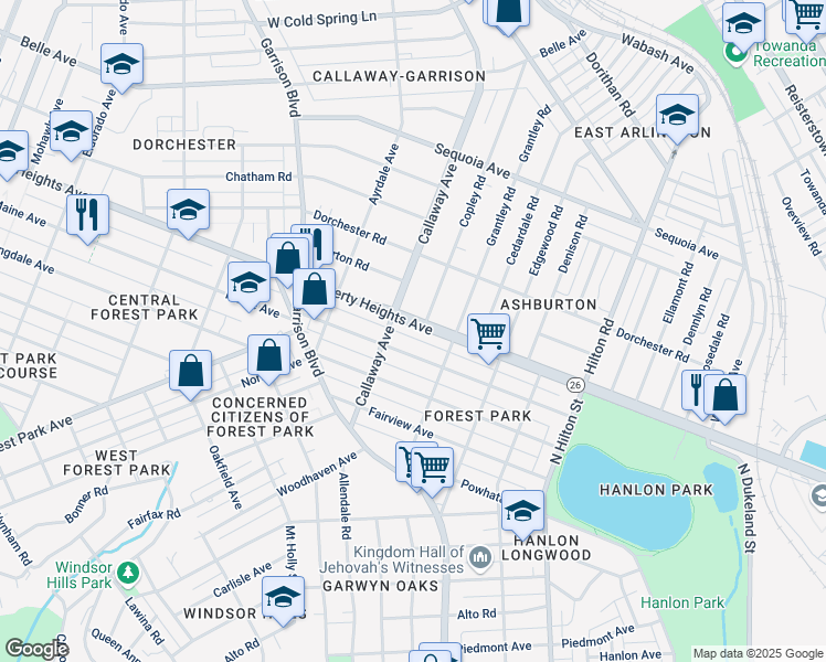 map of restaurants, bars, coffee shops, grocery stores, and more near 3631 Liberty Heights Avenue in Baltimore