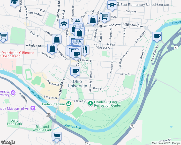 map of restaurants, bars, coffee shops, grocery stores, and more near 45 University Terrace in Athens