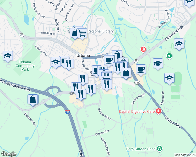 map of restaurants, bars, coffee shops, grocery stores, and more near 3410 Urbana Pike in Frederick