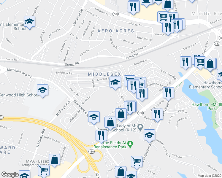 map of restaurants, bars, coffee shops, grocery stores, and more near 951 North Marlyn Avenue in Essex