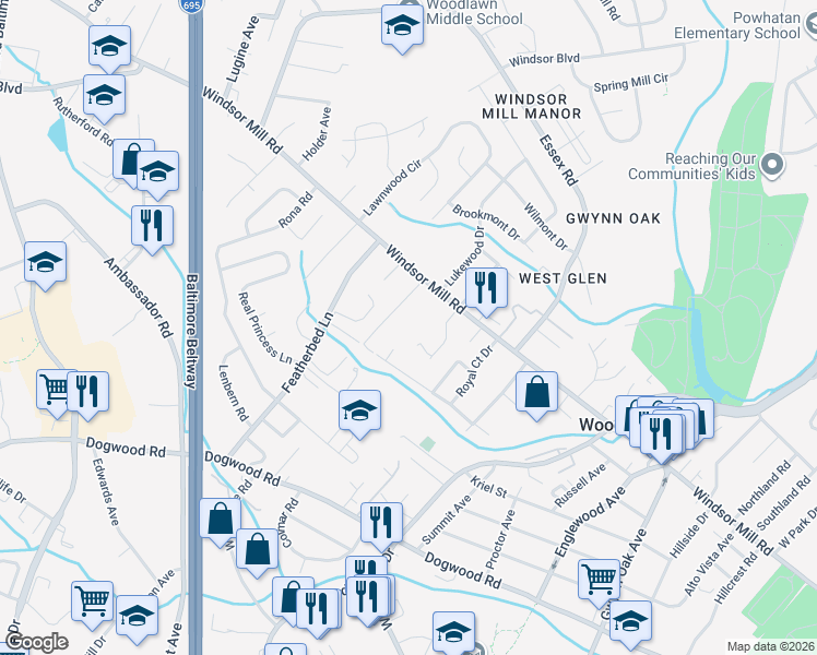 map of restaurants, bars, coffee shops, grocery stores, and more near 6727 Windsor Mill Road in Lochearn