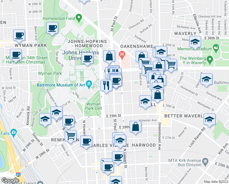 map of restaurants, bars, coffee shops, grocery stores, and more near St Paul St & E 31st St in Baltimore