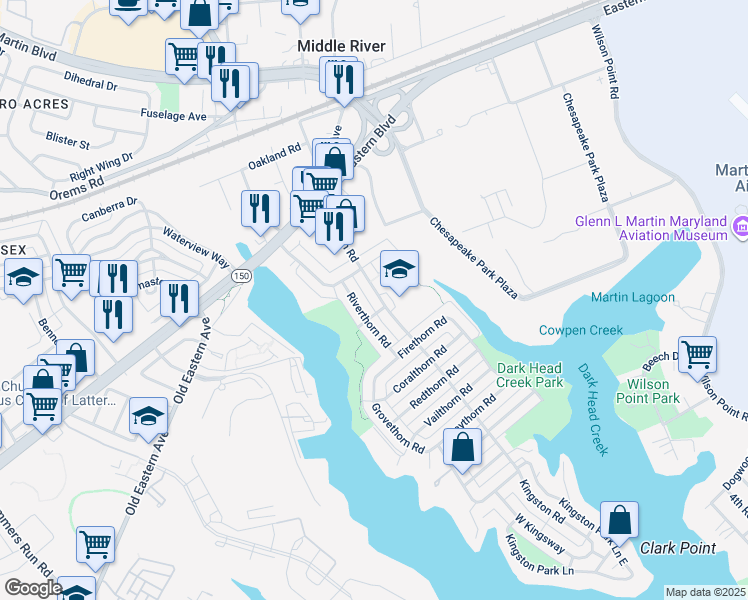 map of restaurants, bars, coffee shops, grocery stores, and more near 36 Kingston Road in Middle River