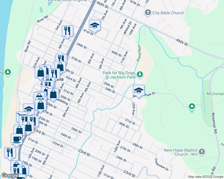 map of restaurants, bars, coffee shops, grocery stores, and more near 3401 11th Avenue in Vienna