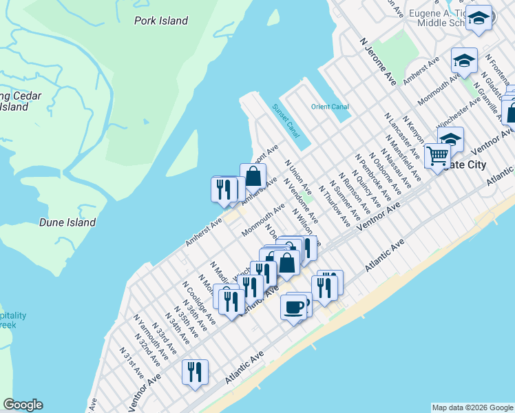 map of restaurants, bars, coffee shops, grocery stores, and more near 209 North Decatur Avenue in Margate City