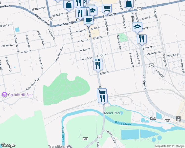 map of restaurants, bars, coffee shops, grocery stores, and more near 26 West 8th Street in Chillicothe