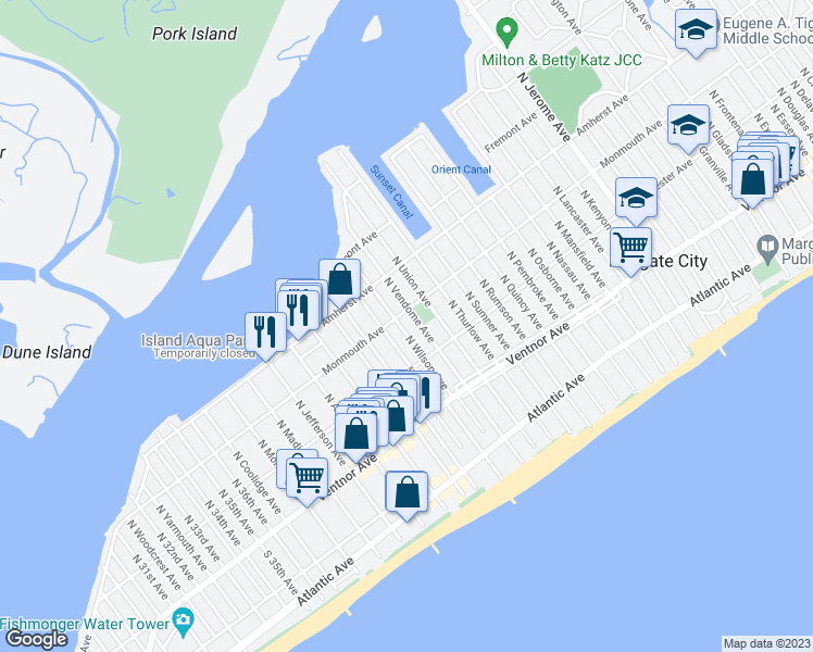 map of restaurants, bars, coffee shops, grocery stores, and more near 115 North Wilson Avenue in Margate City