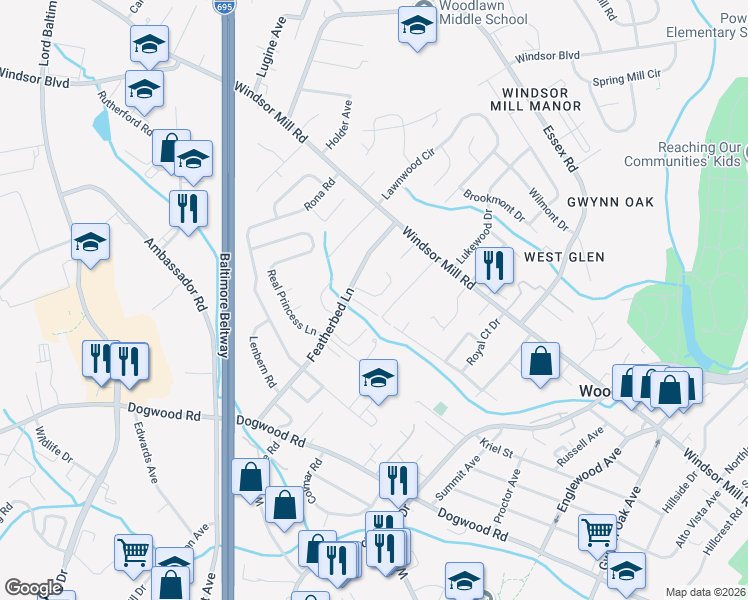 map of restaurants, bars, coffee shops, grocery stores, and more near 2005 Richglen Drive in Lochearn