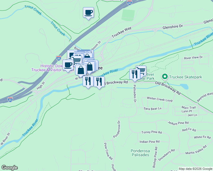 map of restaurants, bars, coffee shops, grocery stores, and more near 10245 Brockway Road in Truckee