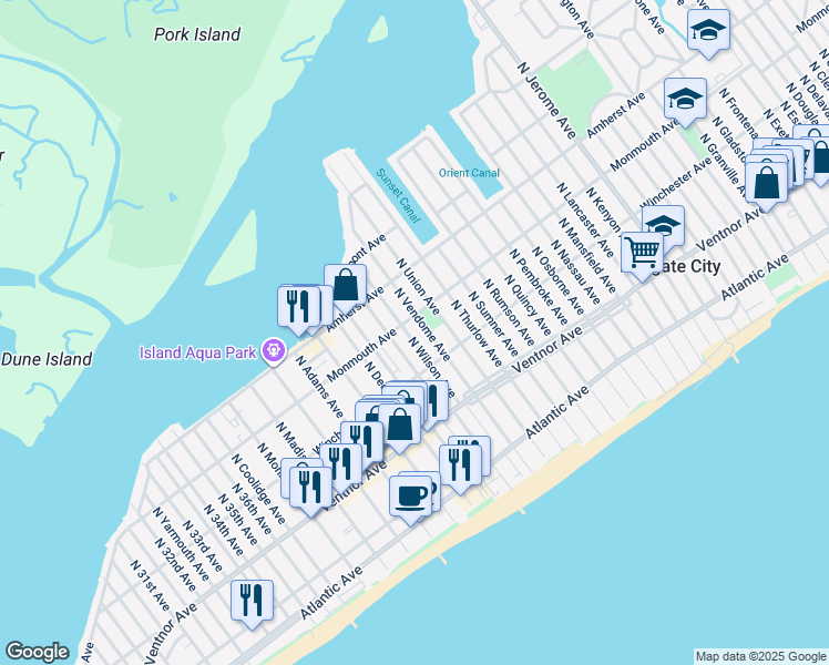 map of restaurants, bars, coffee shops, grocery stores, and more near 115 North Harding Avenue in Margate City