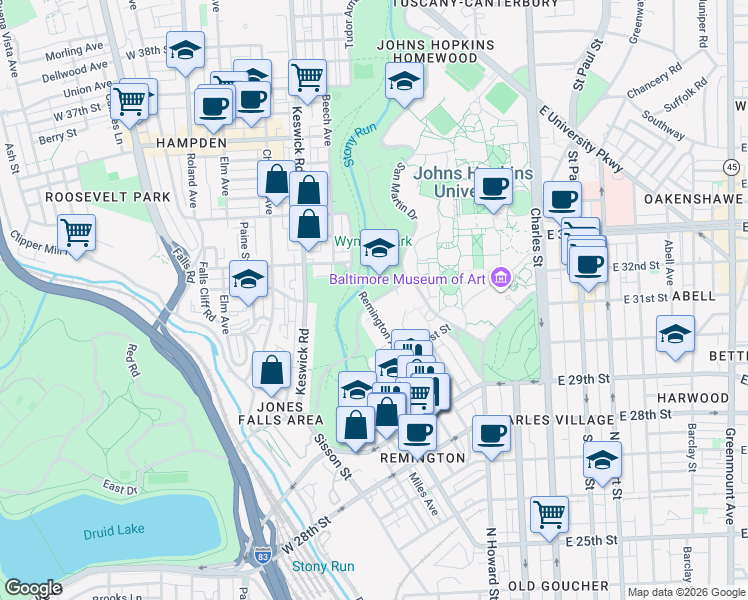 map of restaurants, bars, coffee shops, grocery stores, and more near 3199 Remington Avenue in Baltimore