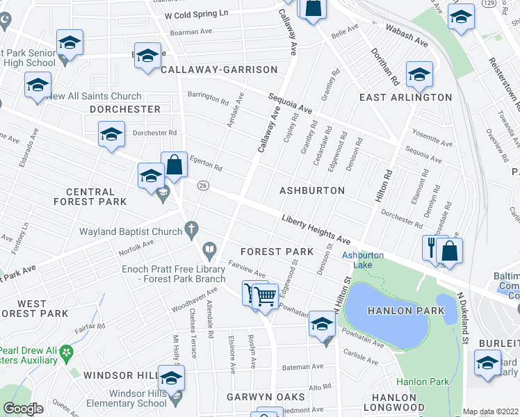 map of restaurants, bars, coffee shops, grocery stores, and more near Liberty Heights Avenue & Copley Road in Baltimore