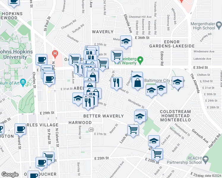 map of restaurants, bars, coffee shops, grocery stores, and more near 708 Montpelier Street in Baltimore