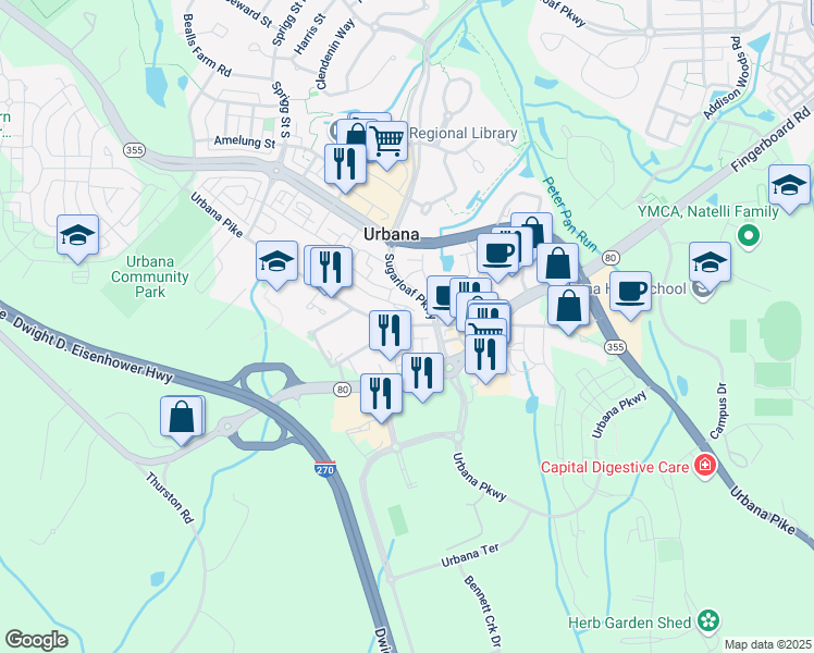 map of restaurants, bars, coffee shops, grocery stores, and more near in Urbana