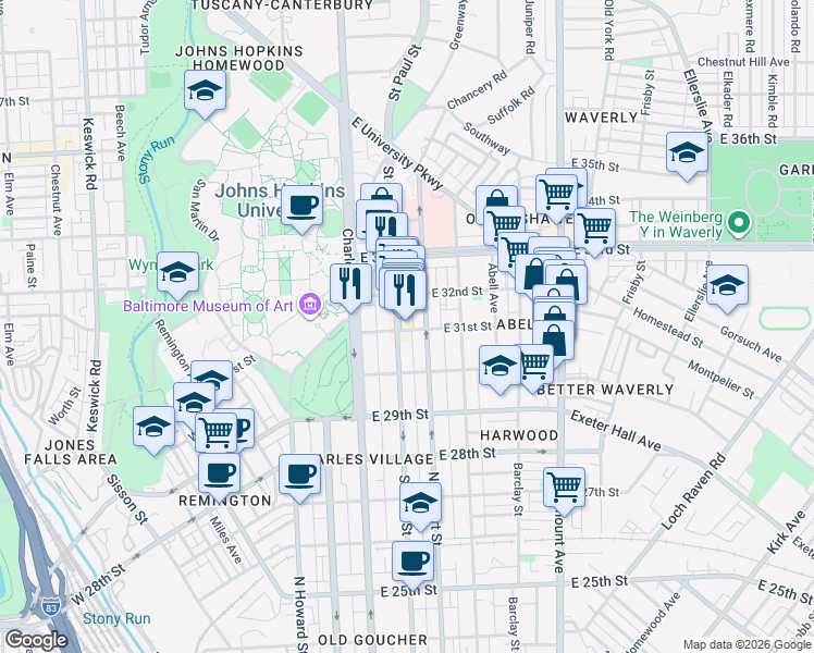 map of restaurants, bars, coffee shops, grocery stores, and more near 3101 St Paul St in Baltimore