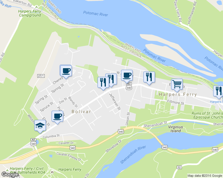map of restaurants, bars, coffee shops, grocery stores, and more near 1226 West Washington Street in Harpers Ferry