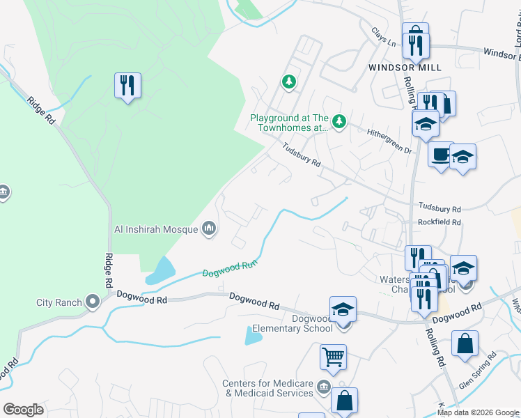 map of restaurants, bars, coffee shops, grocery stores, and more near 2404 Bytham Court in Milford Mill