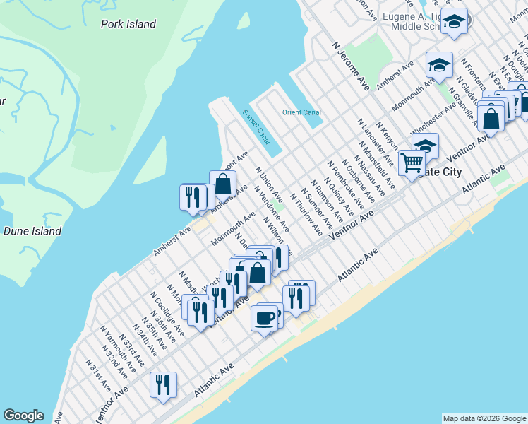 map of restaurants, bars, coffee shops, grocery stores, and more near 115 North Harding Avenue in Margate City