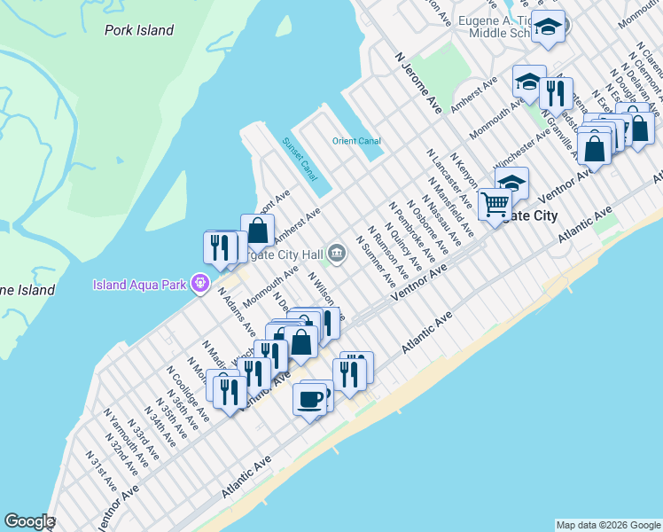 map of restaurants, bars, coffee shops, grocery stores, and more near 9001 Winchester Avenue in Margate City