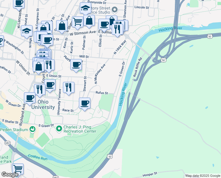 map of restaurants, bars, coffee shops, grocery stores, and more near 10 Rufus Street in Athens