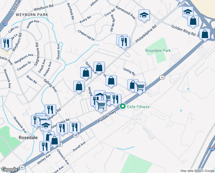 map of restaurants, bars, coffee shops, grocery stores, and more near 1236 Spring Avenue in Rosedale
