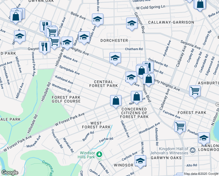 map of restaurants, bars, coffee shops, grocery stores, and more near 4007 Springdale Avenue in Baltimore