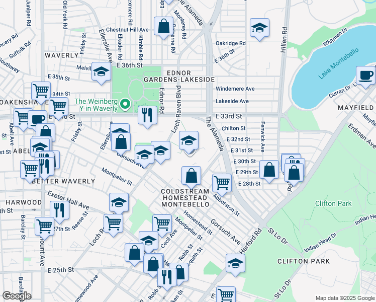 map of restaurants, bars, coffee shops, grocery stores, and more near 3220 The Alameda in Baltimore