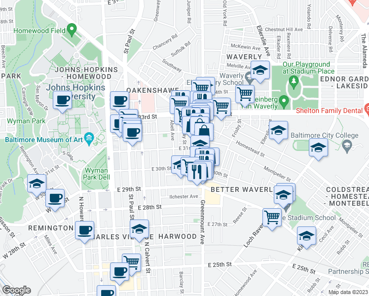 map of restaurants, bars, coffee shops, grocery stores, and more near E 31st St & Barclay St in Baltimore