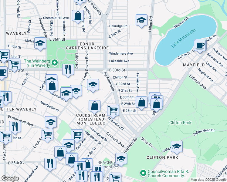 map of restaurants, bars, coffee shops, grocery stores, and more near The Alameda & Kirk Ave in Baltimore