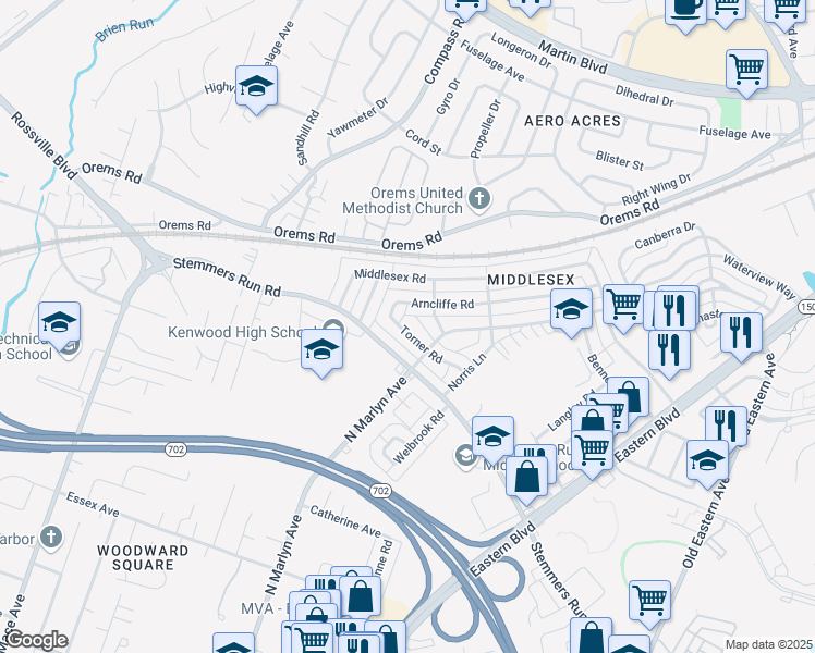 map of restaurants, bars, coffee shops, grocery stores, and more near 430 Torner Road in Essex