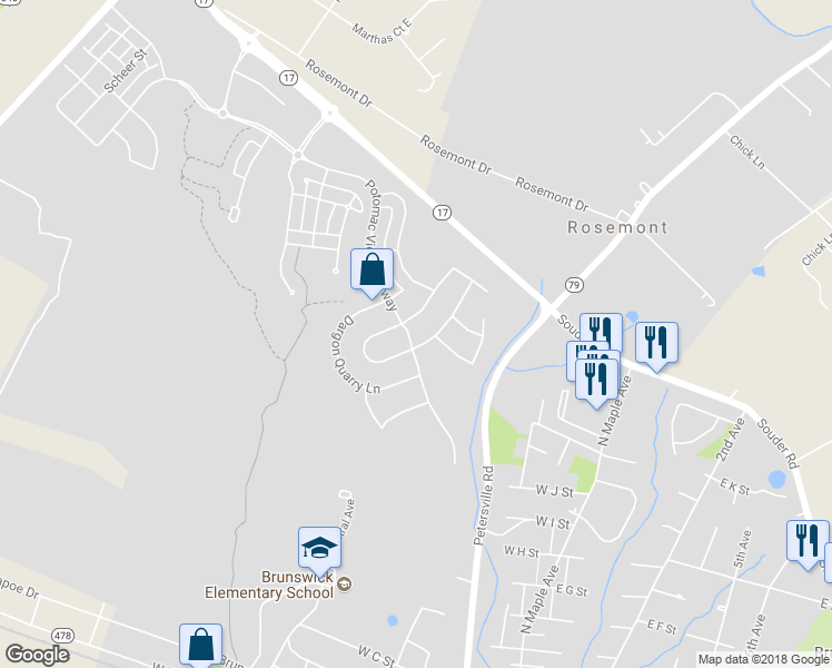 map of restaurants, bars, coffee shops, grocery stores, and more near 1191 Potomac View Parkway in Brunswick